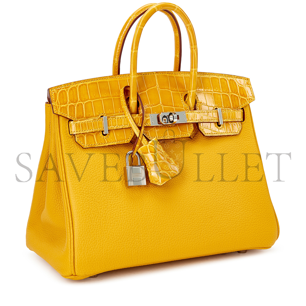 HERMÈS MASTER BIRKIN 25 CROCODILE AND TOGO LEATHER AMBER SILVER BUCKLE H076216CK22 (25*20*13cm)